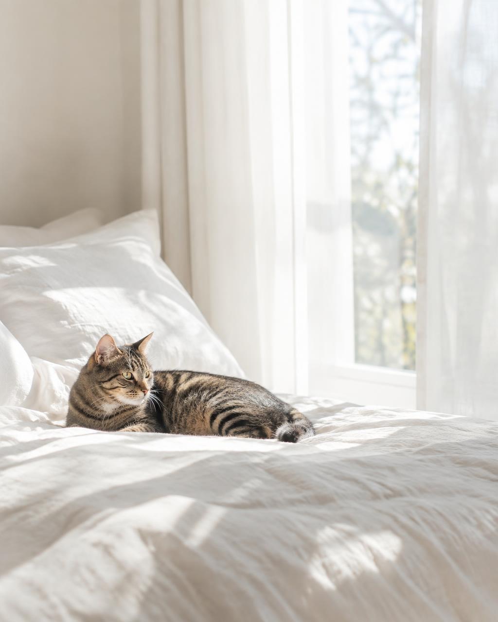 A tabby cat resting in soft window light
