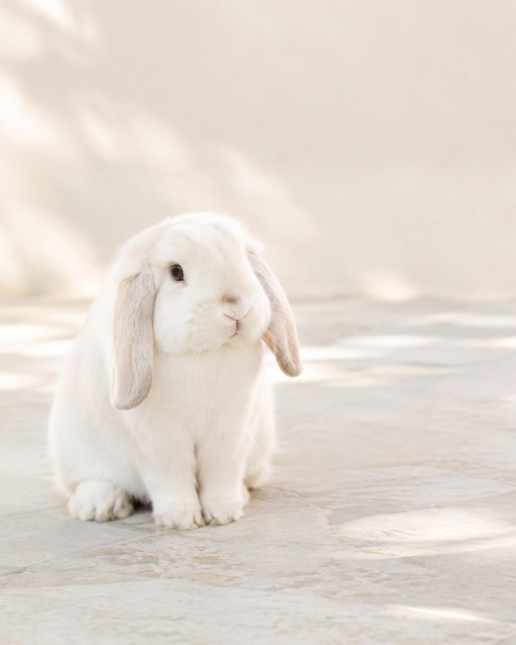 A white lop-eared rabbit in gentle daylight
