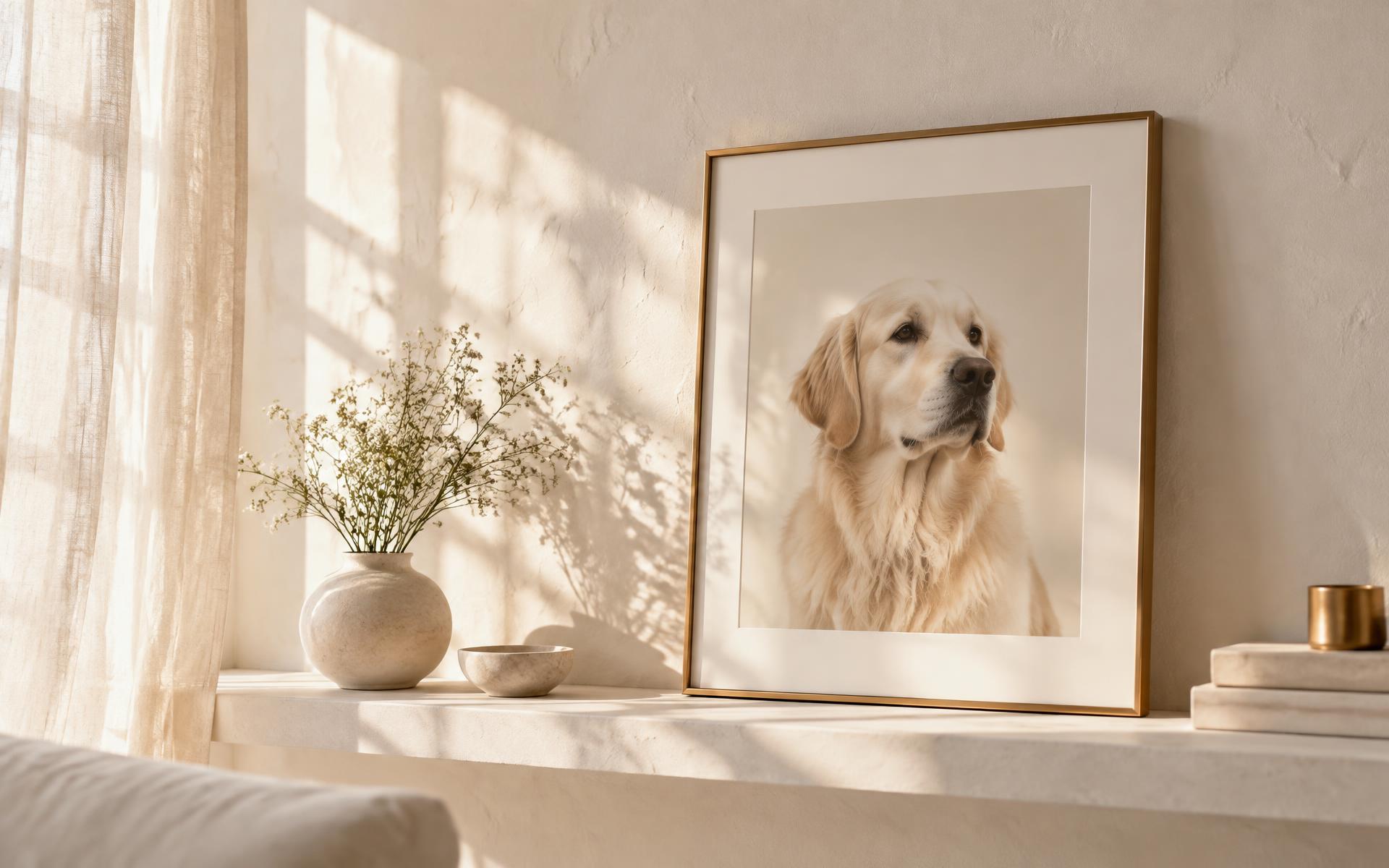 A framed pet portrait keepsake on a sunlit ivory shelf
