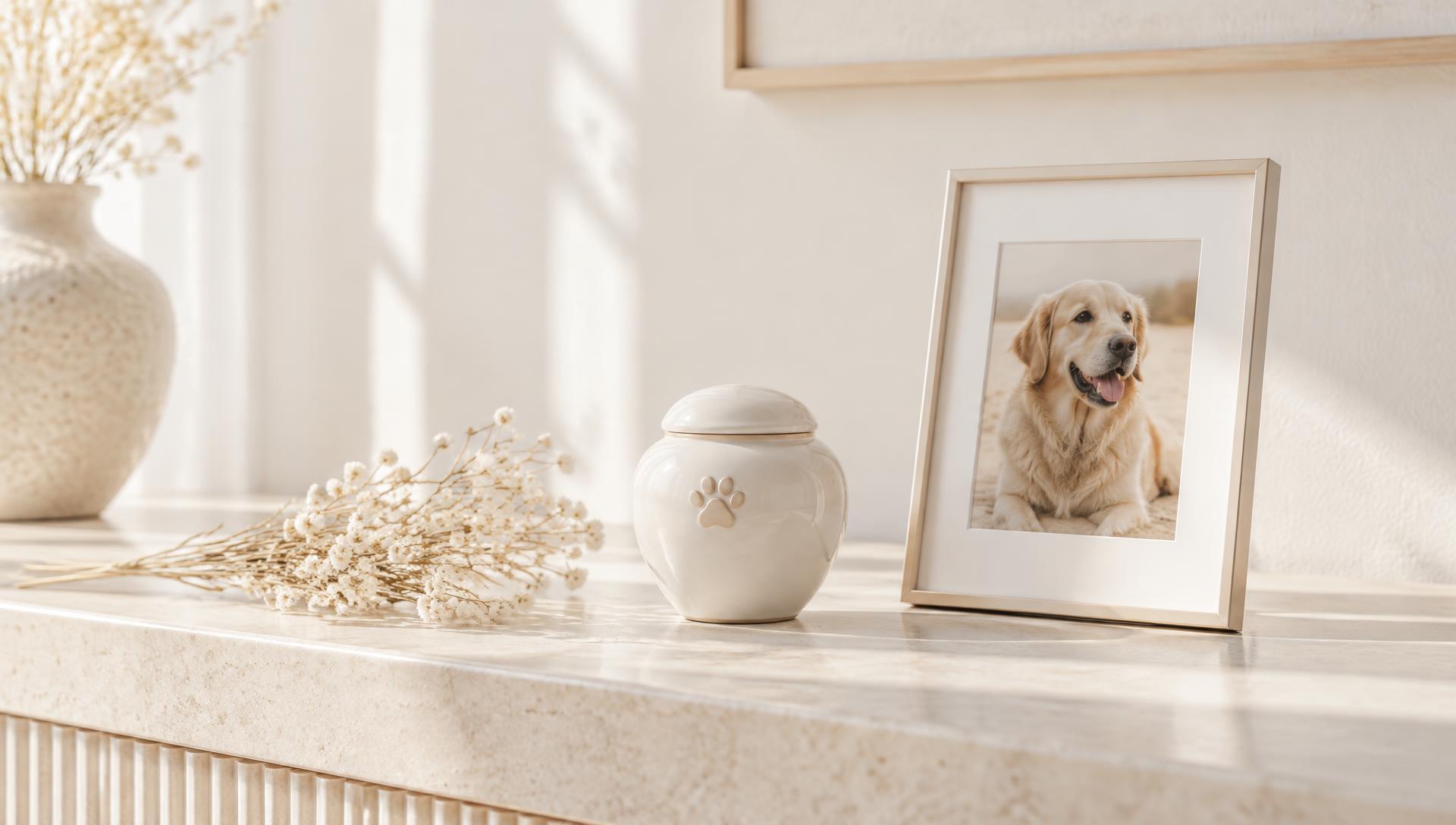 A pale keepsake vessel and framed photograph on a sunlit stone console