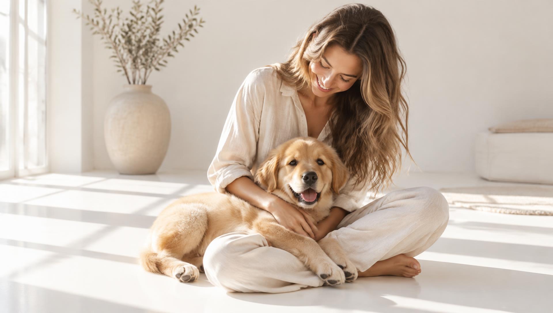 A woman sitting in a bright room with a golden retriever puppy