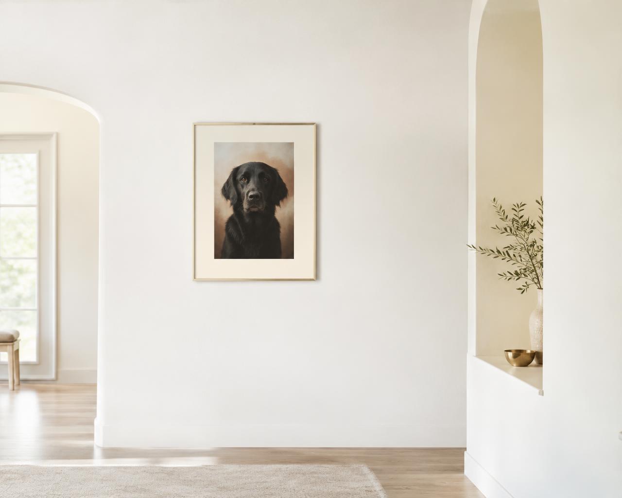 The finished framed portrait keepsake hanging in a bright hallway