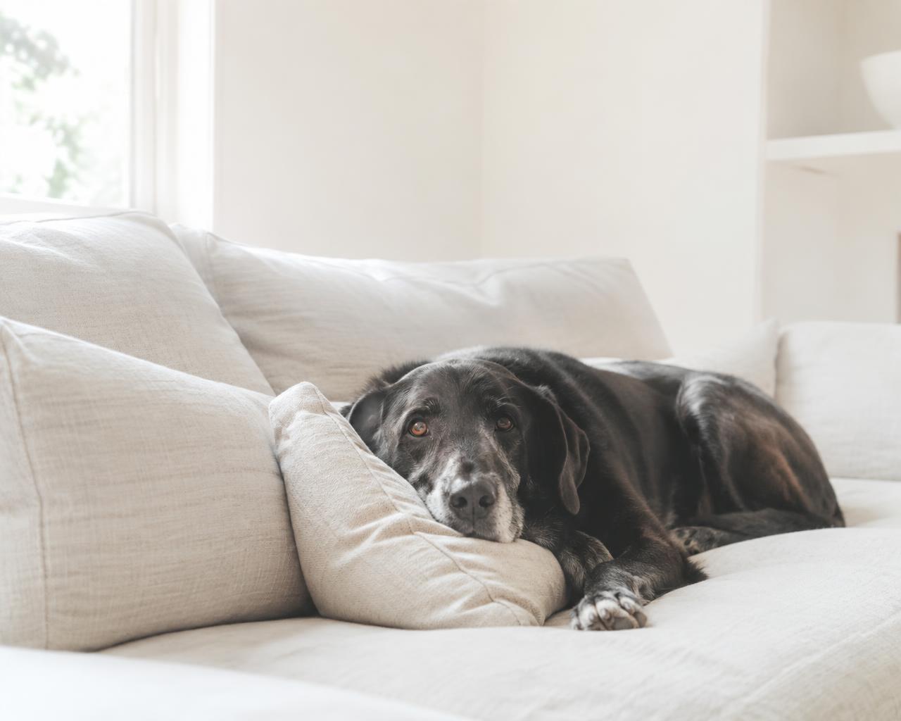 A beloved older dog resting in soft daylight